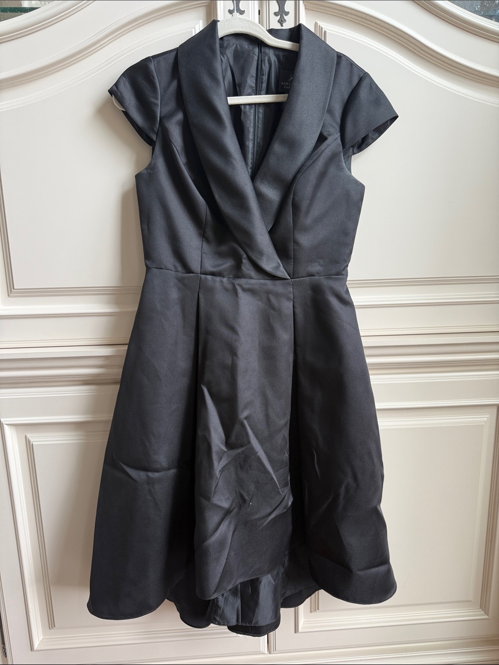 Elegant Black Satin Fit-and-Flare Dress with Shawl Collar